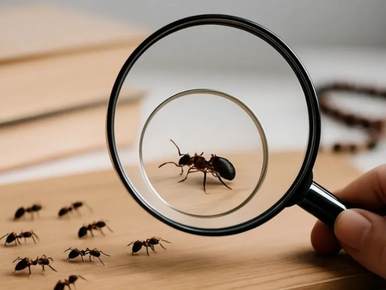 صورة مقربة ليد تمسك بعدسة مكبرة تُظهر نملة بوضوح على سطح خشبي مع وجود مسبحة وخلفية غير واضحة